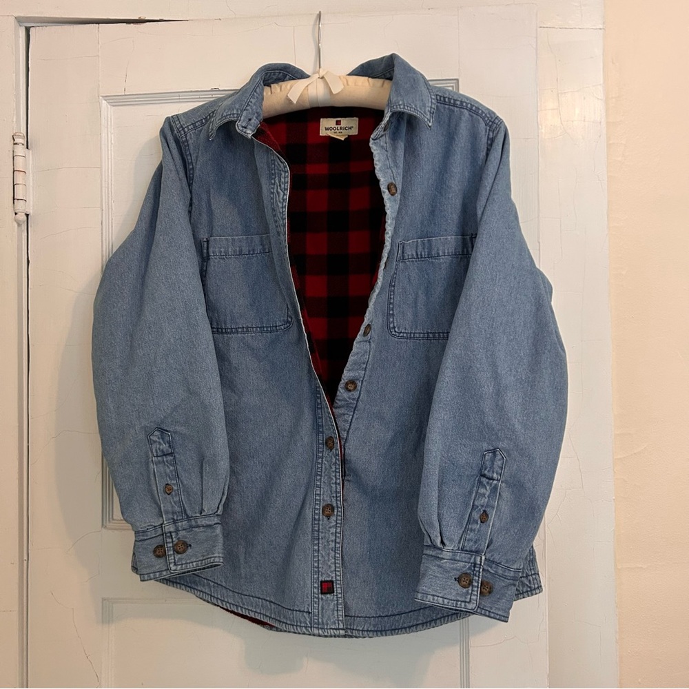 Woolrich Blanket Fleece Lined Jean Jacket Women’s Shacket Buffalo Plaid Sz M - Picture 2 of 10